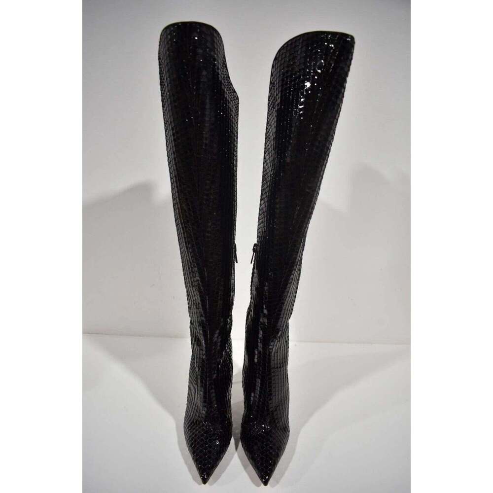 Christian Louboutin Alta Botta 100 Black Patent Bird Knee High OTK Heel Boot 36 - Picture 7 of 11